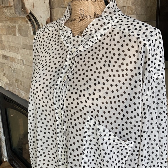 Zara oversized white sheer blouse black polka dots high ruffle neck button down - Picture 8 of 15